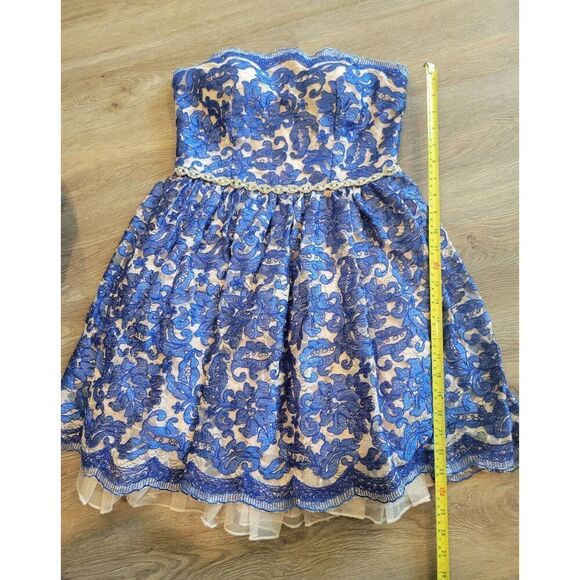 Lace dress formal size 7 Jodi Christopher  rhinestones blue strapless - Picture 10 of 14